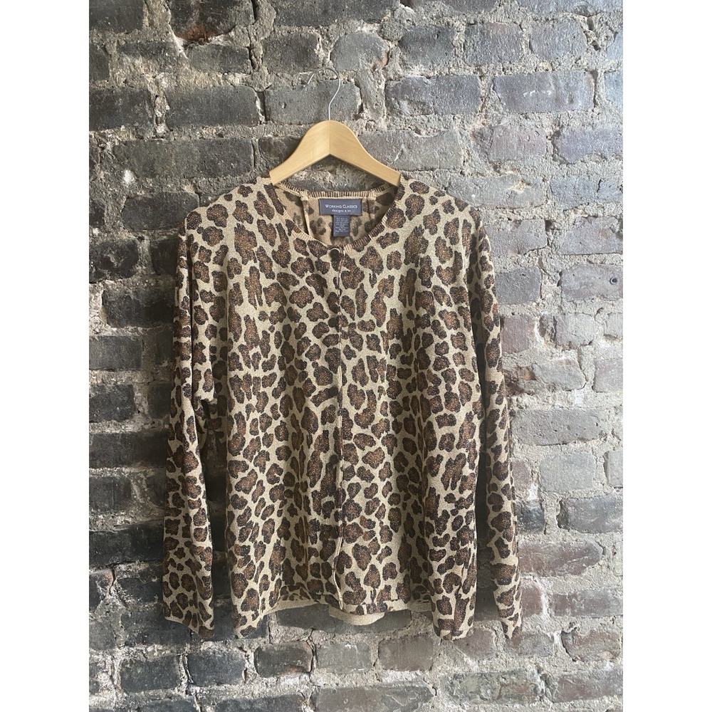 Working Classics Sz 18/20 Leopard Print Metallic Cardigan Sweater Gold Brown